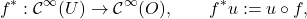 \[ f^*:\mathcal{C}^{\infty}(U)\rightarrow\mathcal{C}^{\infty}(O), \qquad f^*u:=u\circ f, \]
